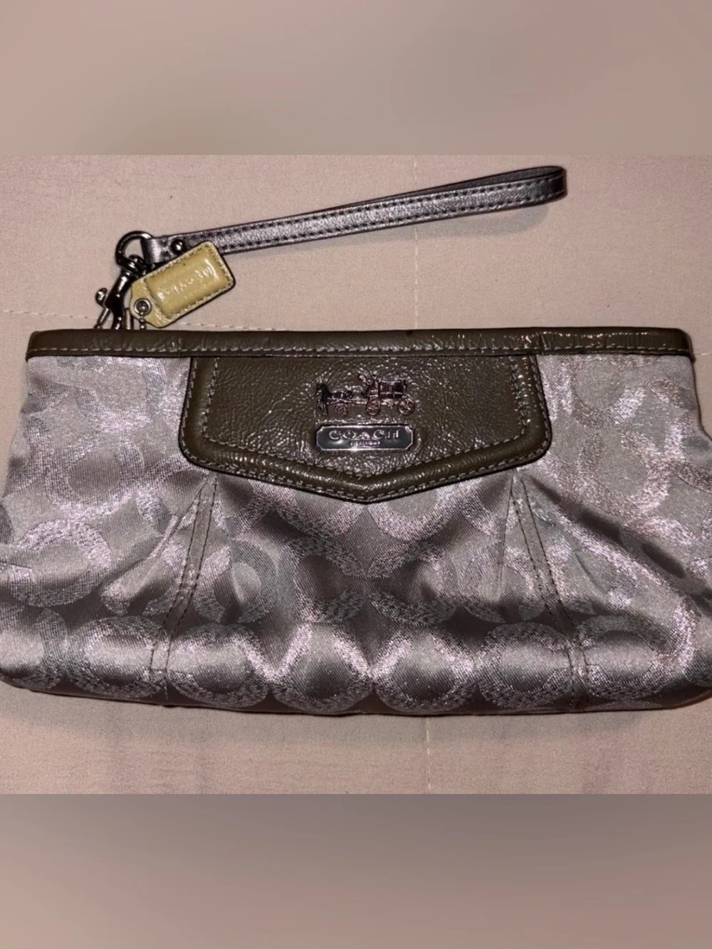 Coach Metallic Pewter Signature Wristlet with Dark Trim
